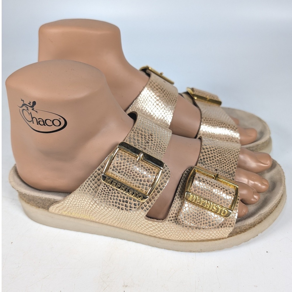 Mephisto Helca Gold Metallic Snakeskin Leather Slide Sandals Womens 37 US 7